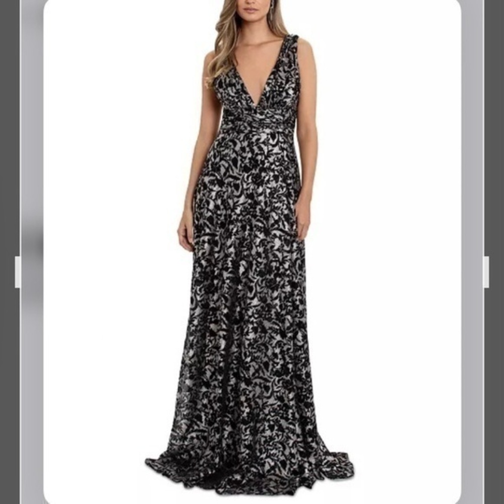 Betsy & Adam Shimmering Floral-Lace V-neck Sleeveless Gown in Black/Gunmetal Sz4 - Picture 1 of 10